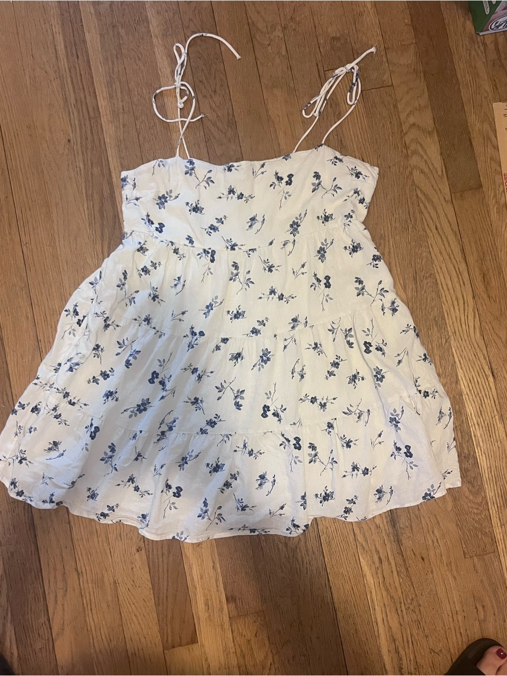 Abercrombie&Fitch Mini Dress Linen Tiered White Blue Floral Tie Straps Pockets